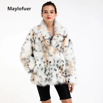 

Maylofuer New Leopard Pattern Fox Fur Jacket Women Fur Coat Real White Fox Fur Coats for winter warm Oversize Style with Collar