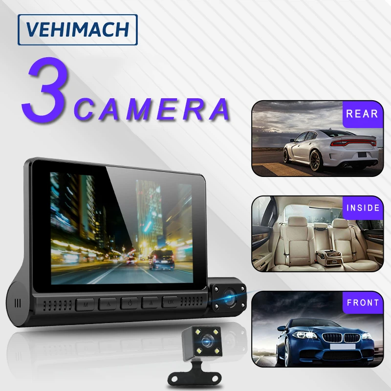 

3 Camera Dash Cam 4'' Car DVR Mirror Video Recorder Auto HD 1080P Registrator Parking Front And Rear View G-Sensor Night Monitor