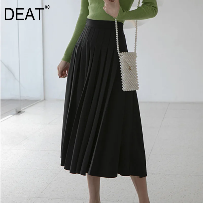 

DEAT 2020 New Spring Solid Color Elastic Waist Pleated Skirt Women Vintage Loose Casual A-line Big Swing Popular Skirt PD397