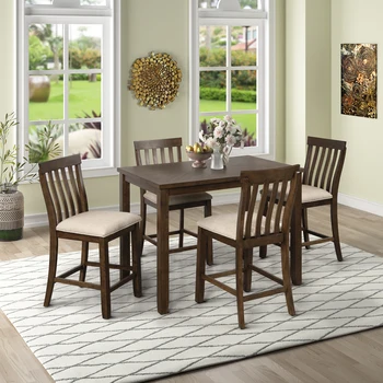 

5 Piece Counter Height Dining Set Wood Dining Table and 4 Chairs with Upholstered Seat and Footrest, Yellow Oak