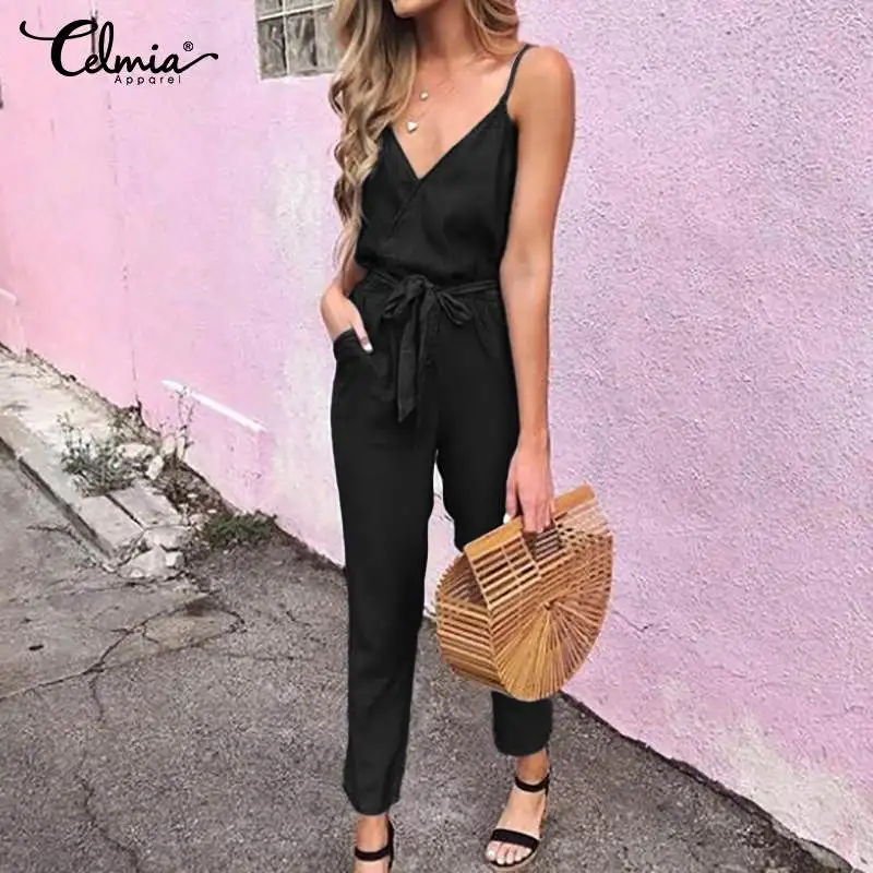 Summer Celmia Vintage Denim Rompers Women Deep V-Neck Solid Jumpsuits Casual Sleeveless Straps Playsuits Jeans Trousers 5xl