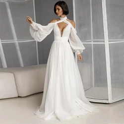 Lantem Sleeve Side Slit White Wedding Dresses Strapless Corset Floor-Length Court Train with Jersey свадебное платье 2022 Summer