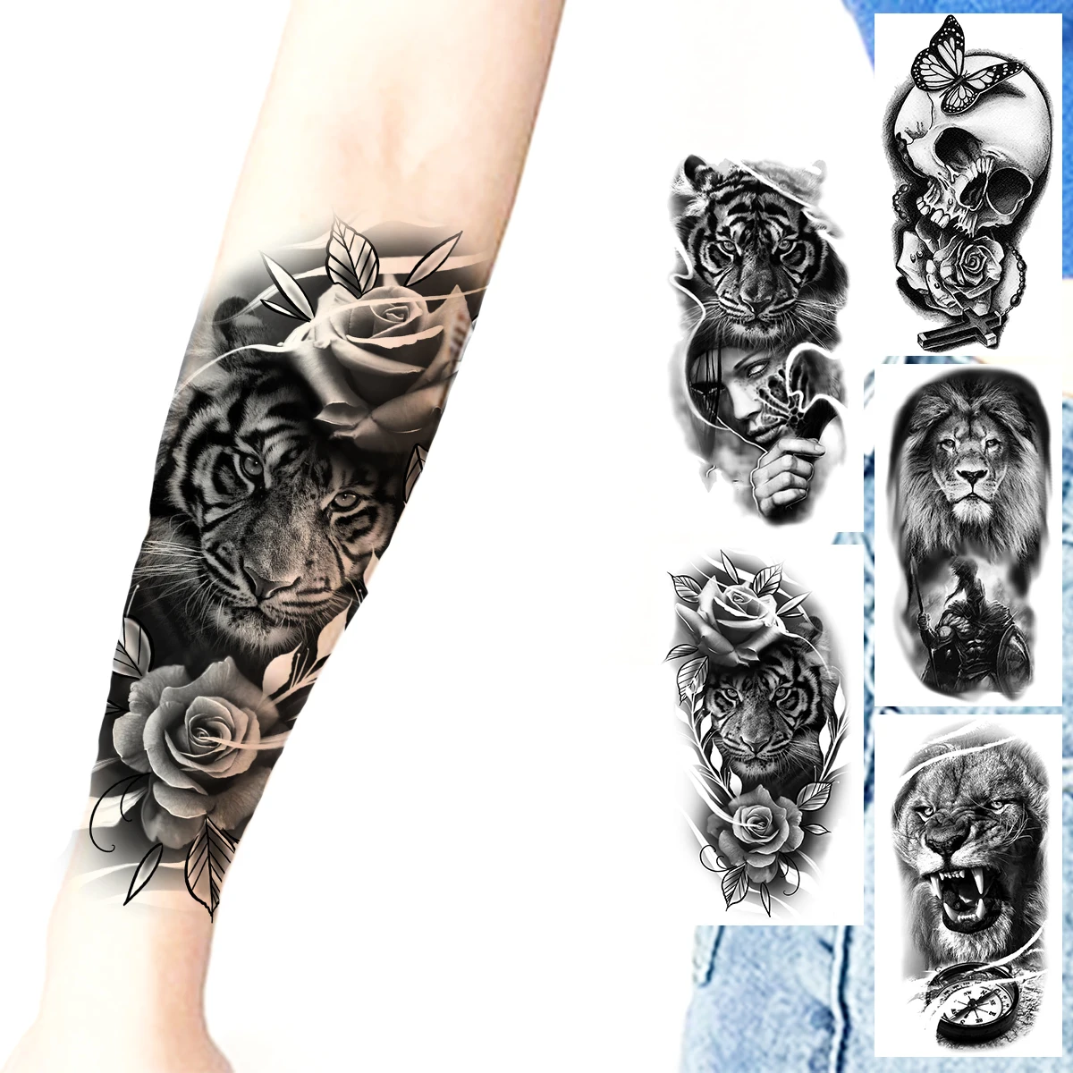 Tatuajes temporales de flores de tigre negro para mujeres y adultos, calaveras  realistas, leones, caballeros, brújula, tatuajes falsos, pegatinas para  antebrazo, tatuajes DIY - AliExpress Belleza y salud