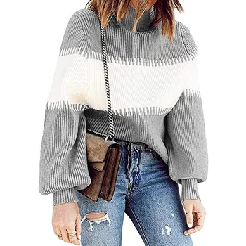 

2020 Autumn and Winter New Women's Sweater, Casual Turtleneck Sunken Stripe Contrasting Color Stitching Knitted Sweater