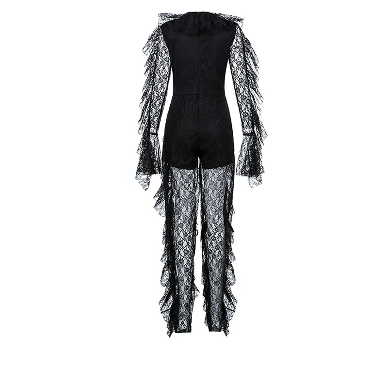 HIGH STREET/ Стильный дизайнерский комбинезон года для подиума, женский кружевной комбинезон с v-образным вырезом и длинными рукавами