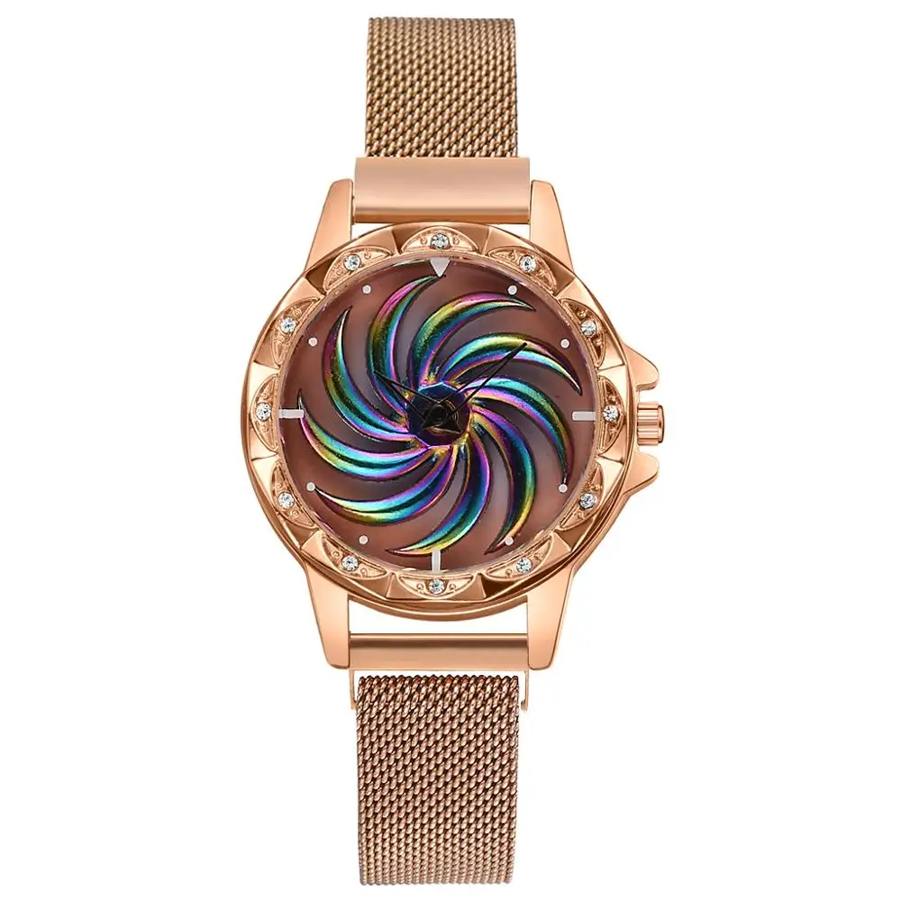 Женские роскошные часы с магнитным браслетом, 360 вращающиеся креативные женские кварцевые часы из нержавеющей стали золотистого цвета Relogio Feminino - Цвет: Rose Gold