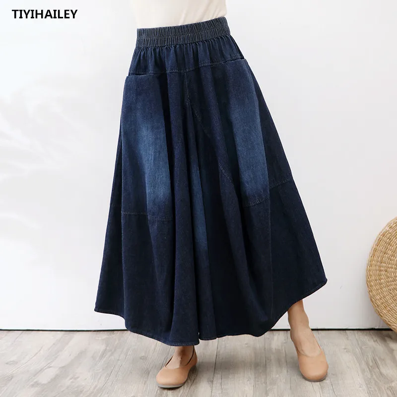 TIYIHAILEY Free Shipping 2022 Long Maxi A-line Women Elastic Waist Winter Autumn Denim Jeans Vintage Skirt With Pockets Thick 2023 autumn and winter women s high waist patchwork pockets embroidery fashion casual elegant commuter denim flared pants