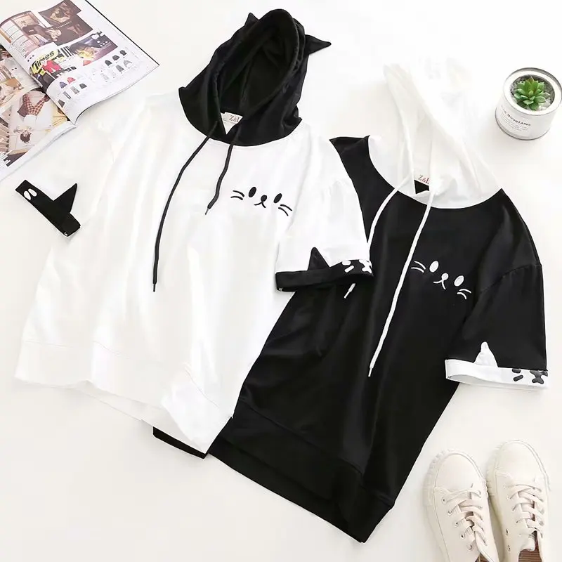 MERRY PRETTY Women Hooded Sweatshirts Fall Winter Long Sleeve Hit Color Pullover Femme Cartoon Cat Embroidery Harajuku Hoodies