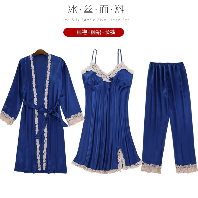 royal blue 3 Комплект из 5 предметов, Женский пижамный комплект, сексуальное кружевное атласное ночное белье, женские пижамы для женщин, пижама, Повседневная Пижама для сна - Цвет: royal blue 3