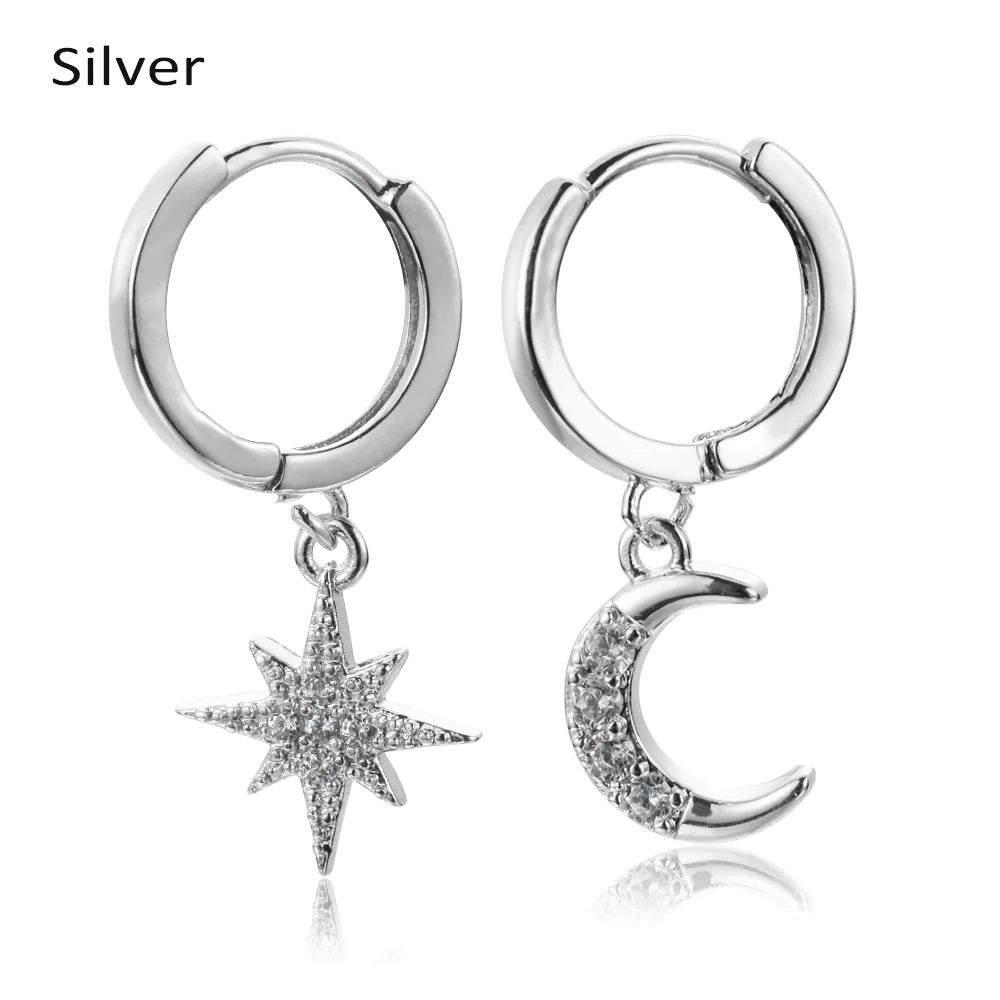 silver Новые модные классические серьги для женщин блестящие стразы Висячие серьги полумесяц звезда Асимметричный геометрический серьги - Окраска металла: silver