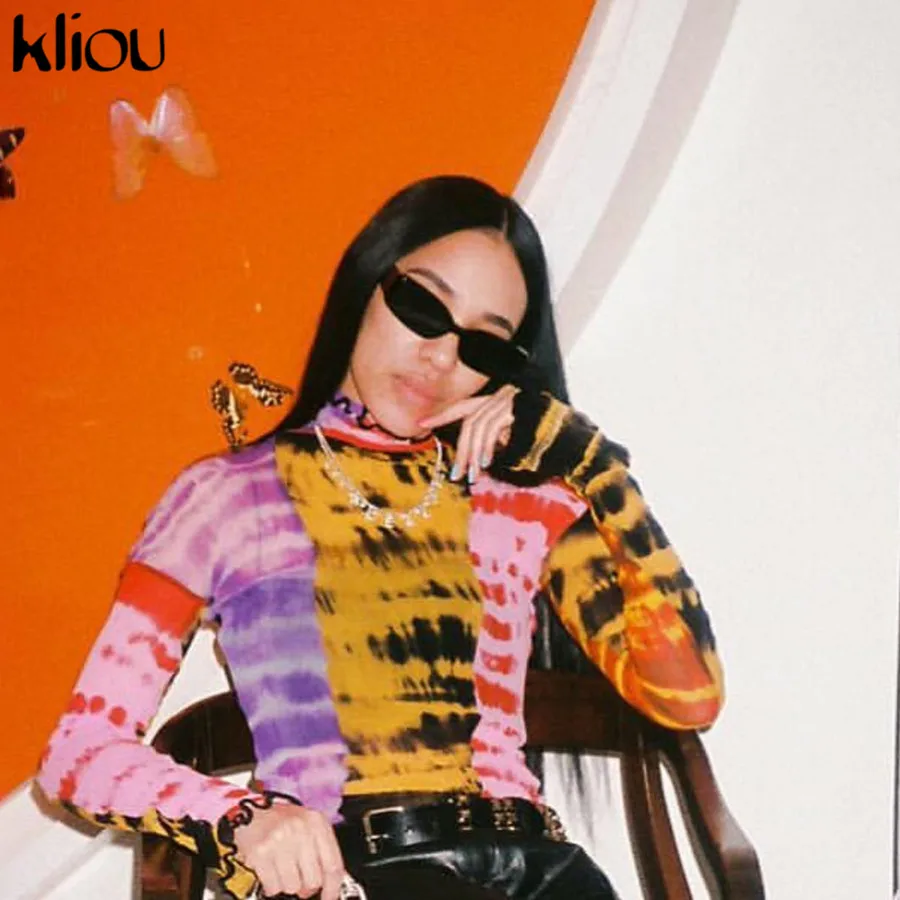 Kliou new Breathable women print t-shirt mesh material ruffles turtleneck full sleeve crop top female sexy Slim fit tops