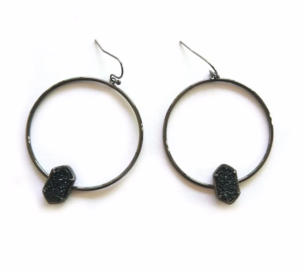 

2020New copper circle Rose Gold and Black small oval Resin Druzy Stone Drop Earings