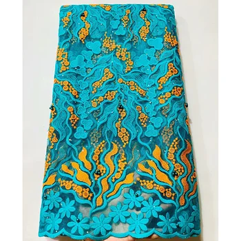 

French net lace fabric dresses fabric blue and golden double-color design with stones and beads cheap price Tulle Lace Fabric