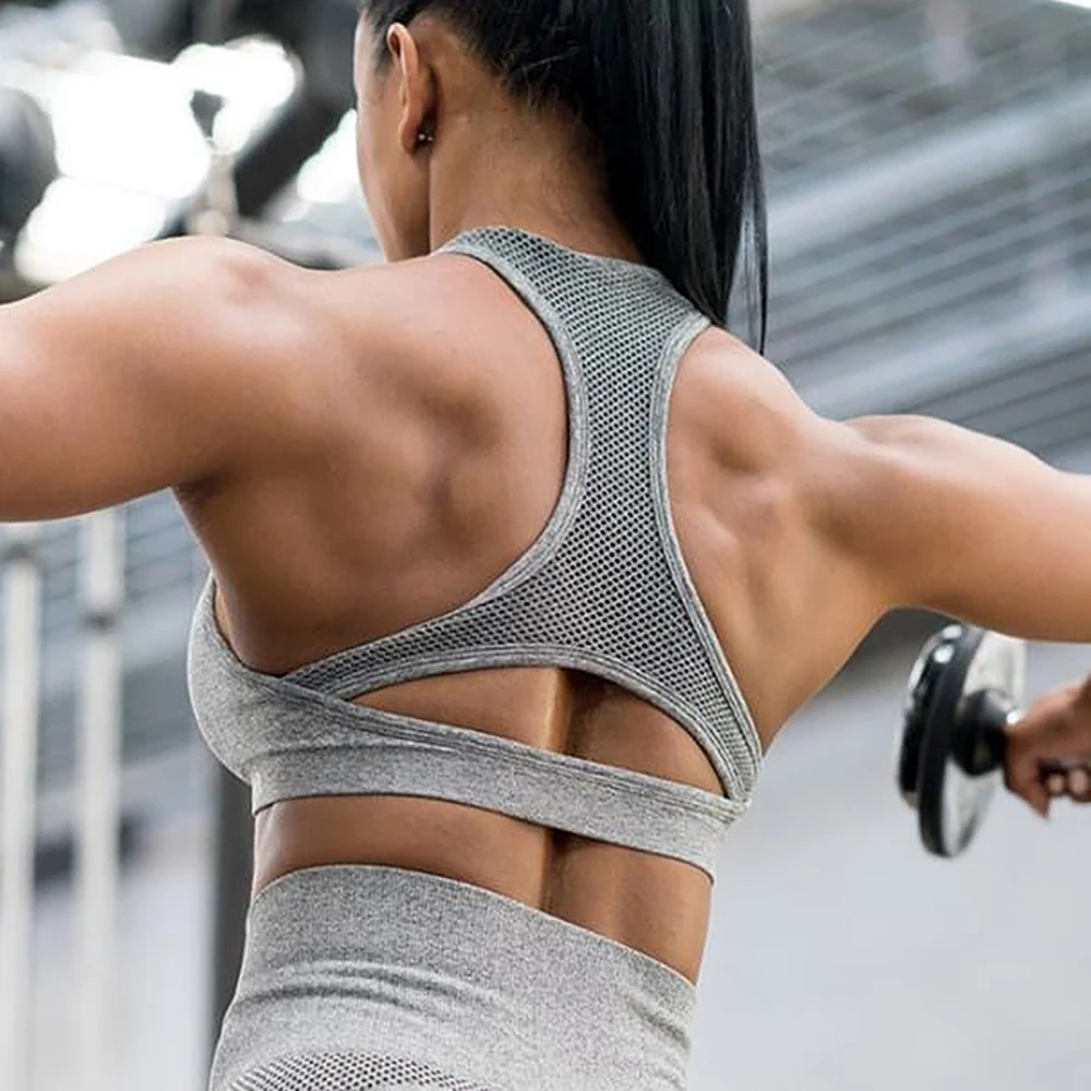 

2 Piece Set Solid Color Mesh Patchwork Women Yoga Suits Sports Running Lady Suit Sleeveless Slim Lady Crop Top Bra and Leggings