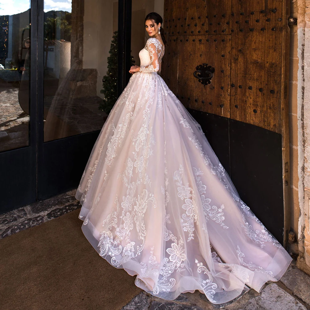Luxury Long Sleeves Wedding Dresses Saudi Arabia Lace Bridal Gown Elegant Scoop Appliqued Ball Gown Bride Dress Customized 6