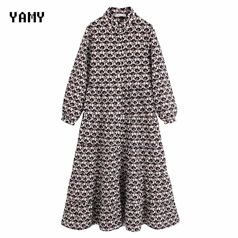

New zora vicky Womens Winter Dress turn-down collar long sleeve floral Dress vintage high waist ruffles za Maxi Dress Vestidos