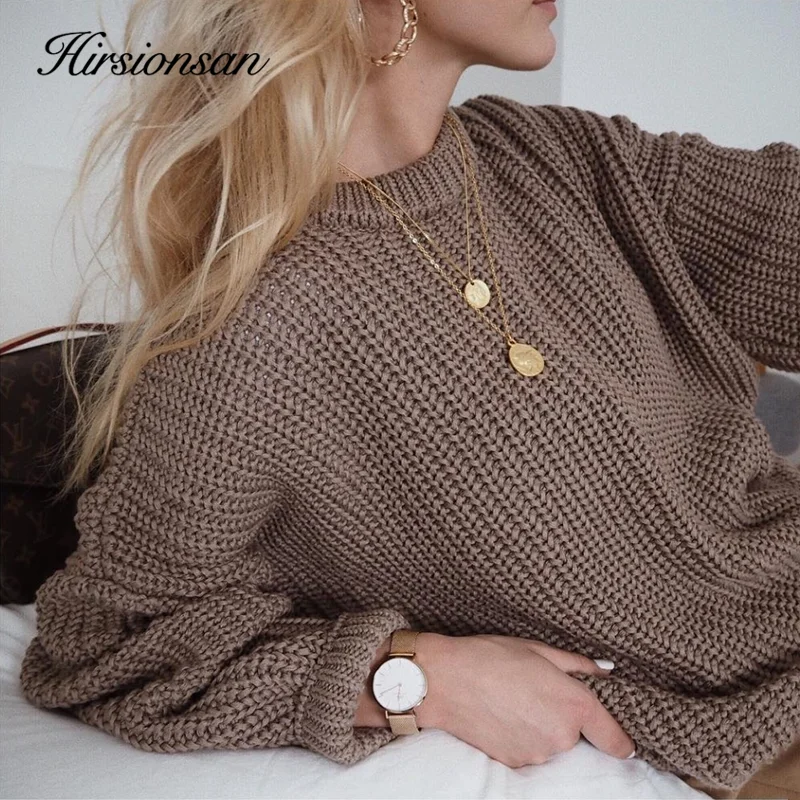 Sweater Oversized Solid-Tops Loose Elegant Knitted Female Korean Fashion Hirsionsan Warm
