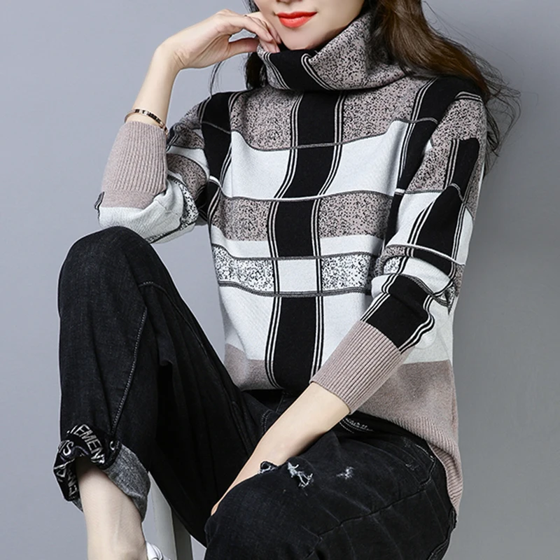 

Plaid Sweater Woman Winter High quality Pile Collar Plus Size High collar 2019 Autumn Knitted New Pullover Female Ethnic style