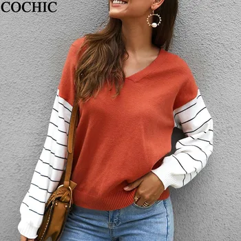 

Women Autumn Winter Contrast Color V Neck Striped Warm Knit Sweater Chic Pullovers Tops