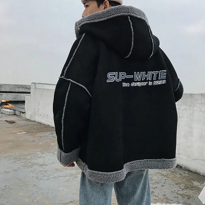 Lamb hair handsome cotton coat men's winter loose hooded plus velvet thick coat men jacket winter