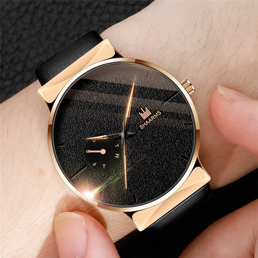 

SHAARMS Men Watch Business Watch Leather Band Stainless Steel Quartz Wristwatch Casual Simple Watches Black Luxury Brand