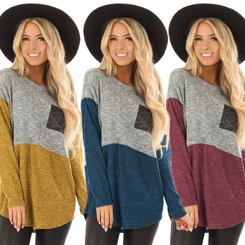 

2019 Autumn and Winter Women's Three-color Patchwork Pocket T-shirt Casual Long-sleeved O Neck Shirt