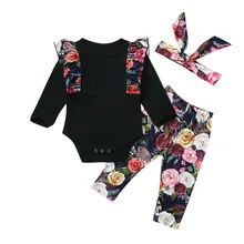 Для маленьких девочек одежда для детей Новинка; длинный рукав пуловер, комбинезон Одежда для новорожденных девочек штаны с цветочным принтом Одежда для новорожденных Осень roupa infantil