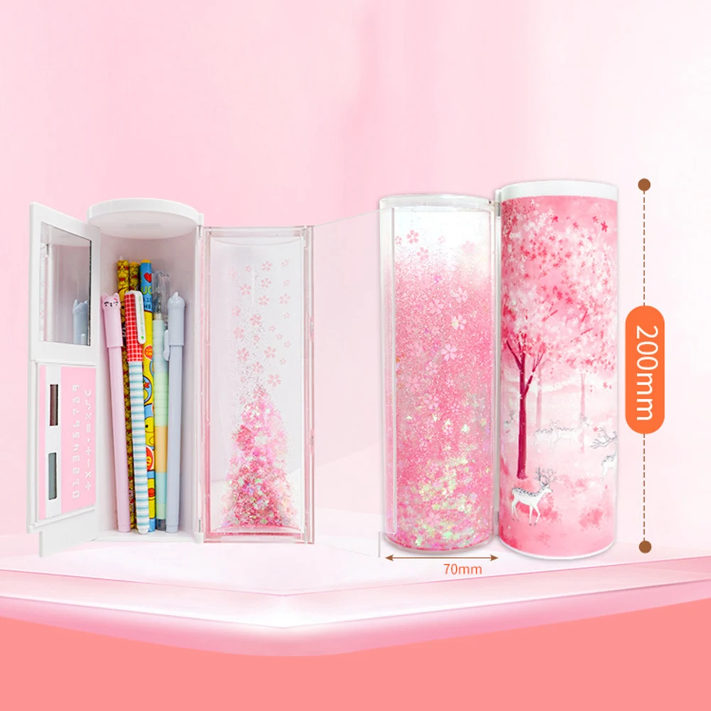 

Quicksand Translucent Creative Multifunction Cylindrical Pencil Box Case 2019 school Stationery Pen Holder Pink Blue calculator