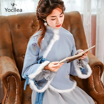 

2020 ancient Chinese clothing Two piece set women's Retro improved Hanfu element autumn winter woolen overcoat dress suit