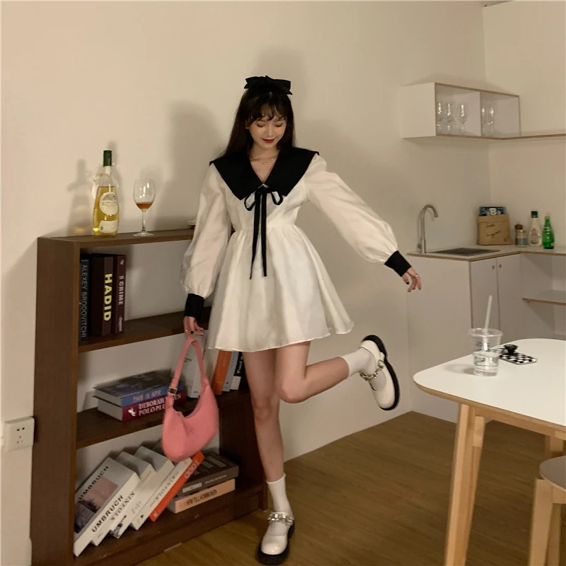 Fall Dress Women Long Sleeve Chic Sailor Collar College Girls Clothes Lace-up Design Cute Leisure Female Vestidos Party Clubwear wedding guest dresses