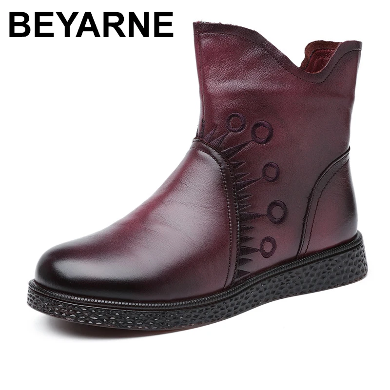 

BEYARNE2019 soft winter boots for women Ankle boots flat shoes embroidered genuine leather platform boots fashion women shoes