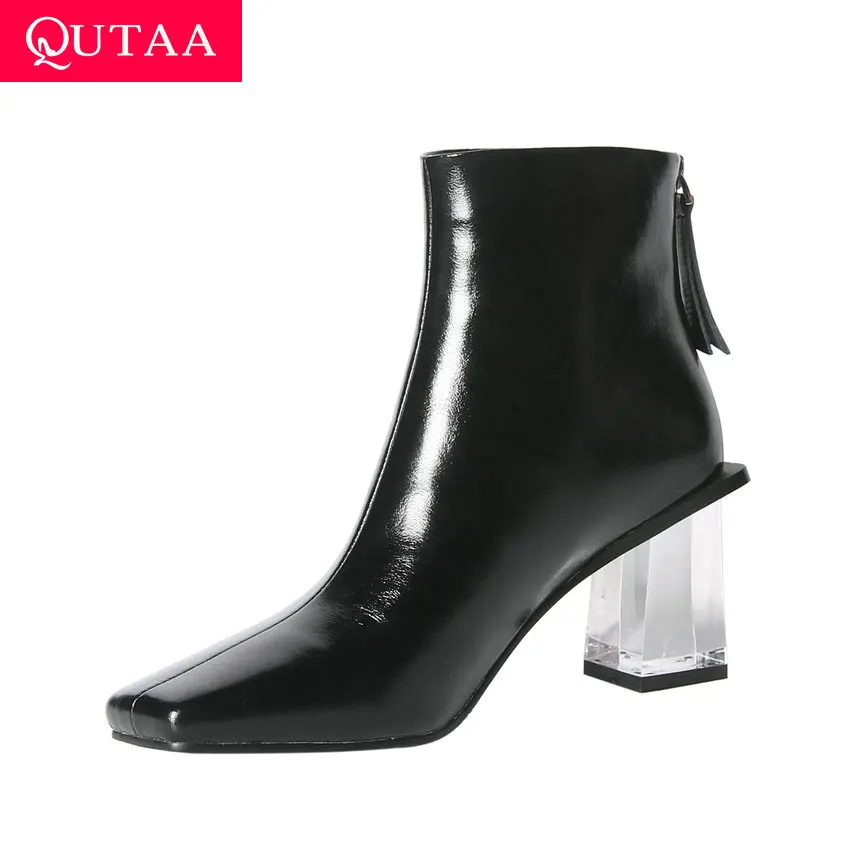 

QUTAA 2021 Transparent Square High Heel Fashion Ankle Boots Autumn Winter Cow Leather Square Toe Zipper Women Shoes Size 34-39