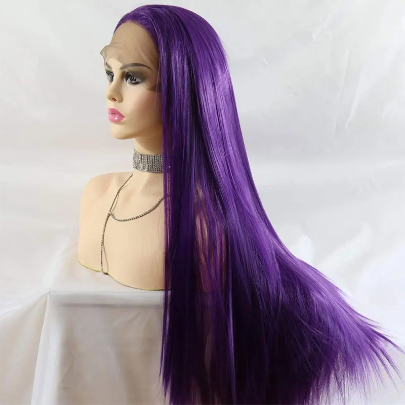 Purple Colour Silky Straight Synthetic 13*4 Lace Front Wig Heat Resistant Fiber Hair Natural Hairline Free Parting For Women Wig