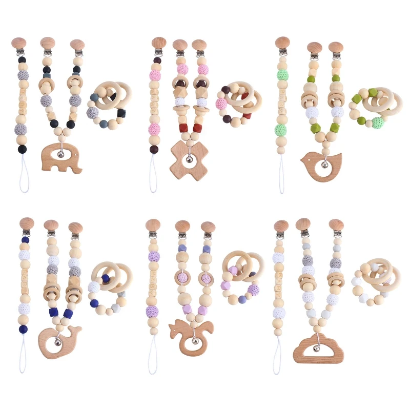 

Подвесной зажим для детской коляски, погремушка-грызунок, цепочка для пустышки, деревянное кольцо, браслет, держатель-пустышка, 3 шт.