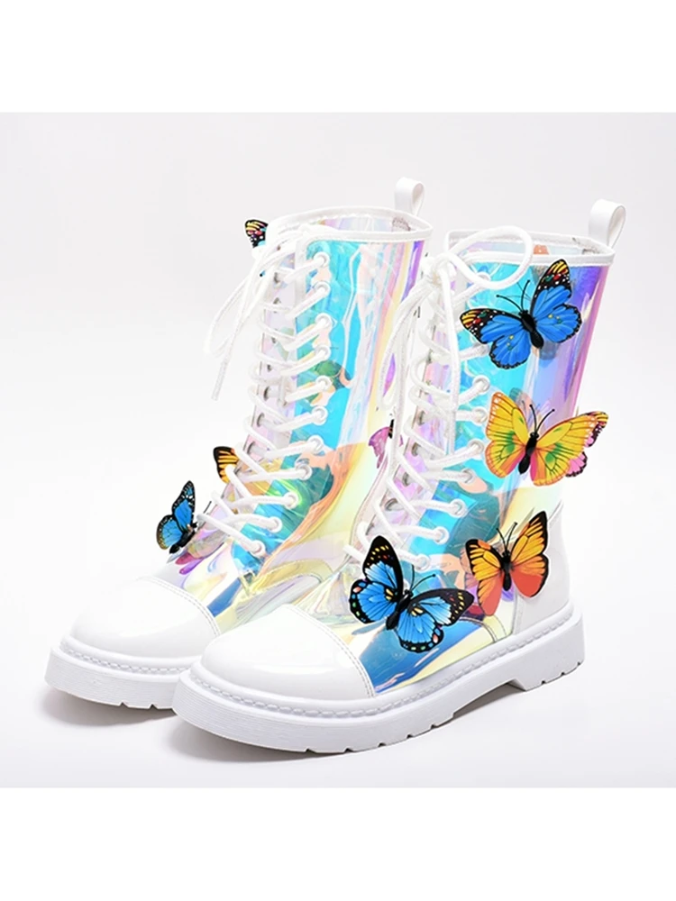 Г., Новое поступление, прозрачные разноцветные полусапожки на плоской подошве с бабочкой Новая женская обувь на шнуровке с круглым носком на рифленом каблуке