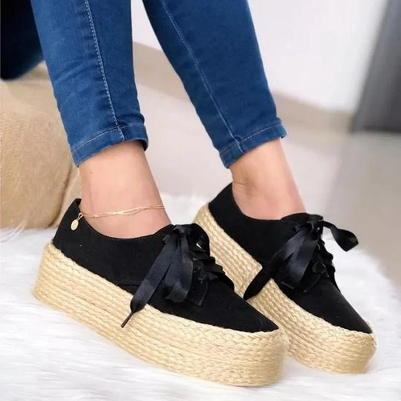 

Women Canvas Loafers Girls Lace Up Round Toe Casual Flats Fashion Ladies Espadrille Shoes Thick Bottom FlatsFootwear