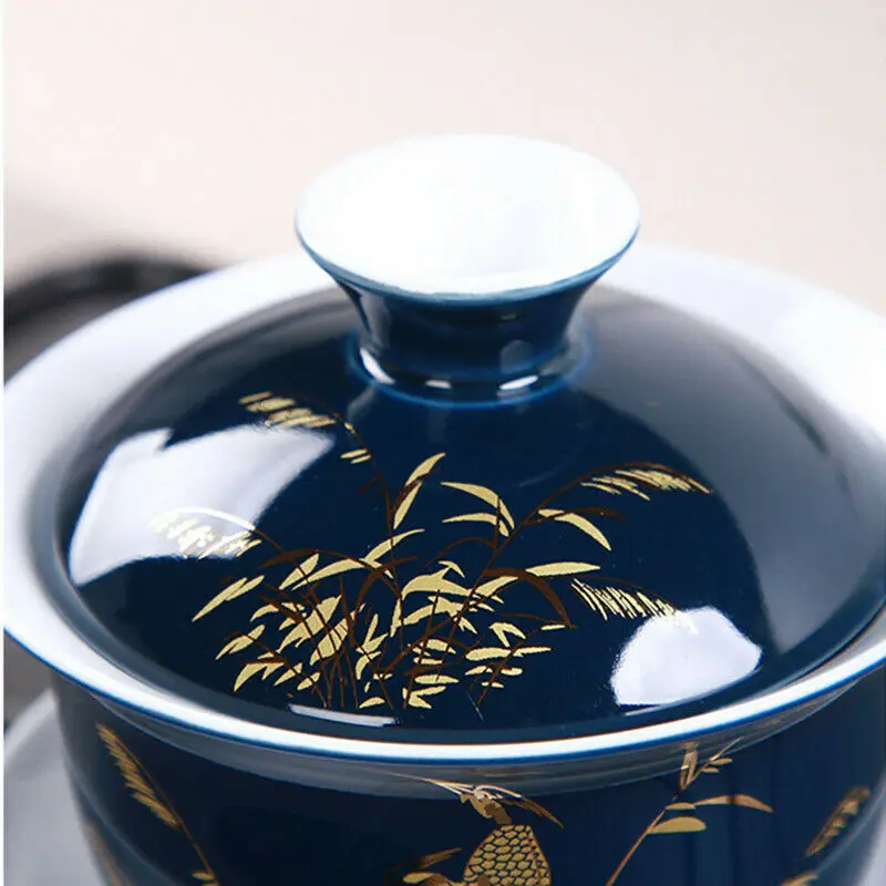 Блестящая голубая керамическая дегустационная чайная чашка Sancai Gaiwan чайная тарелка, китайская чайная чаша, чайная кофейная чашка и блюдце, набор, чашка для питья с крышкой