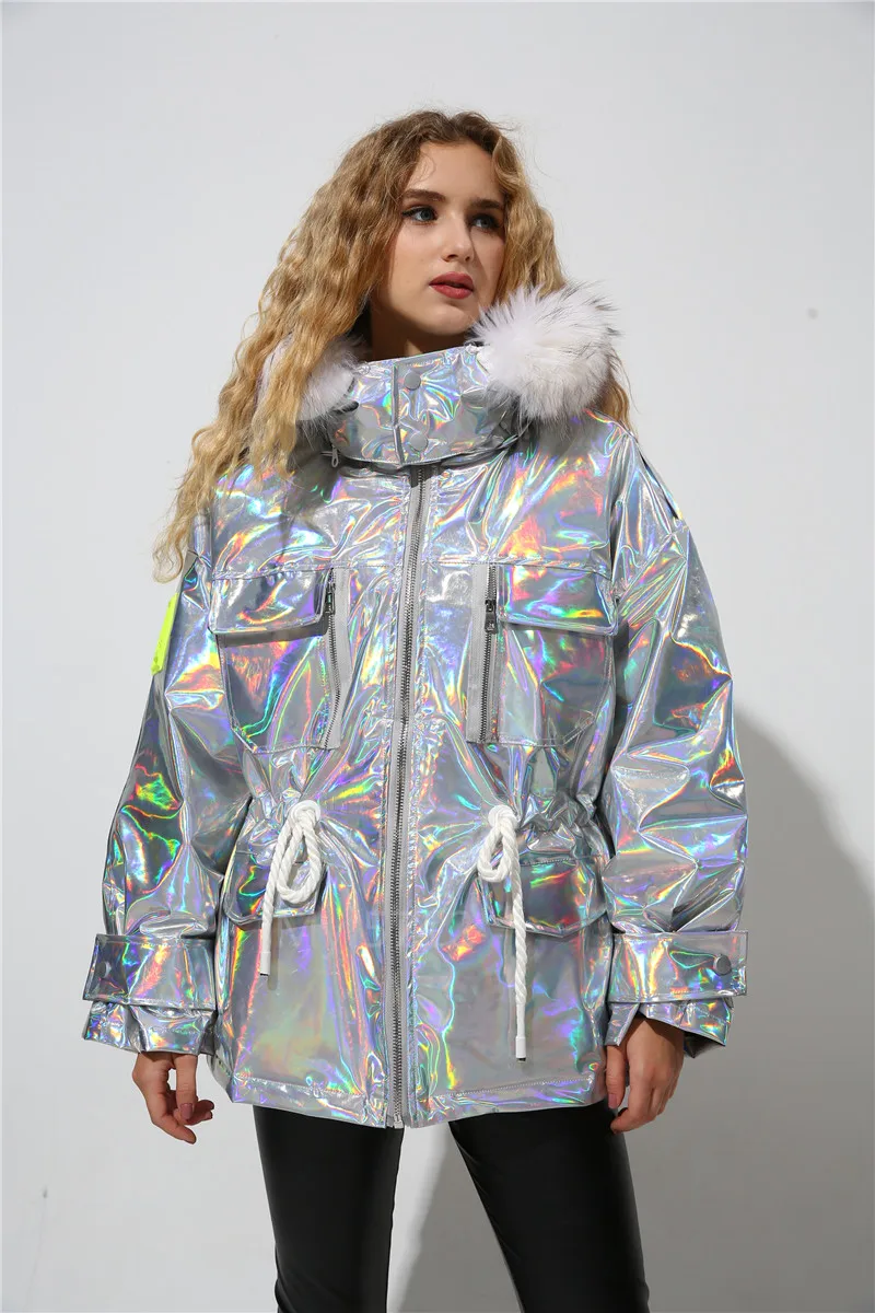 

Laser Sympony Hologram Hooded Down Coat Fur Hat Winter Warm Fashion Reflective Rainbow Jacket Sparkling