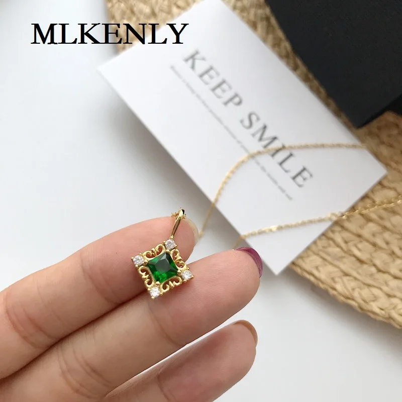 

MLKENLY 925 sterling silver Fashion temperament golden trend square grandmother green zircon necklace for women Jewelry