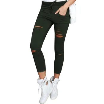 

Trousers Women Ripped Pants High Waist Stretch Long Trousers Pockets Harem Pants Casual Pants Calf-length Pants J#