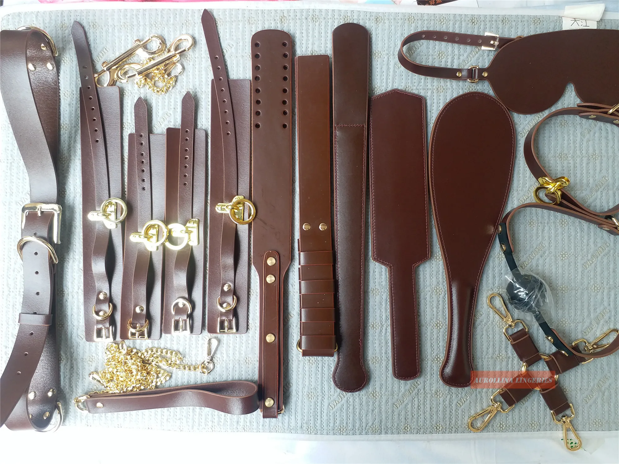 US $263.99 Custom Made BDSM Set Gears Brown Color Leather Gold Metal BDSM Belt D Ring Spanking Paddle Choker  Gag Cuffs Paddle Spoon Patch