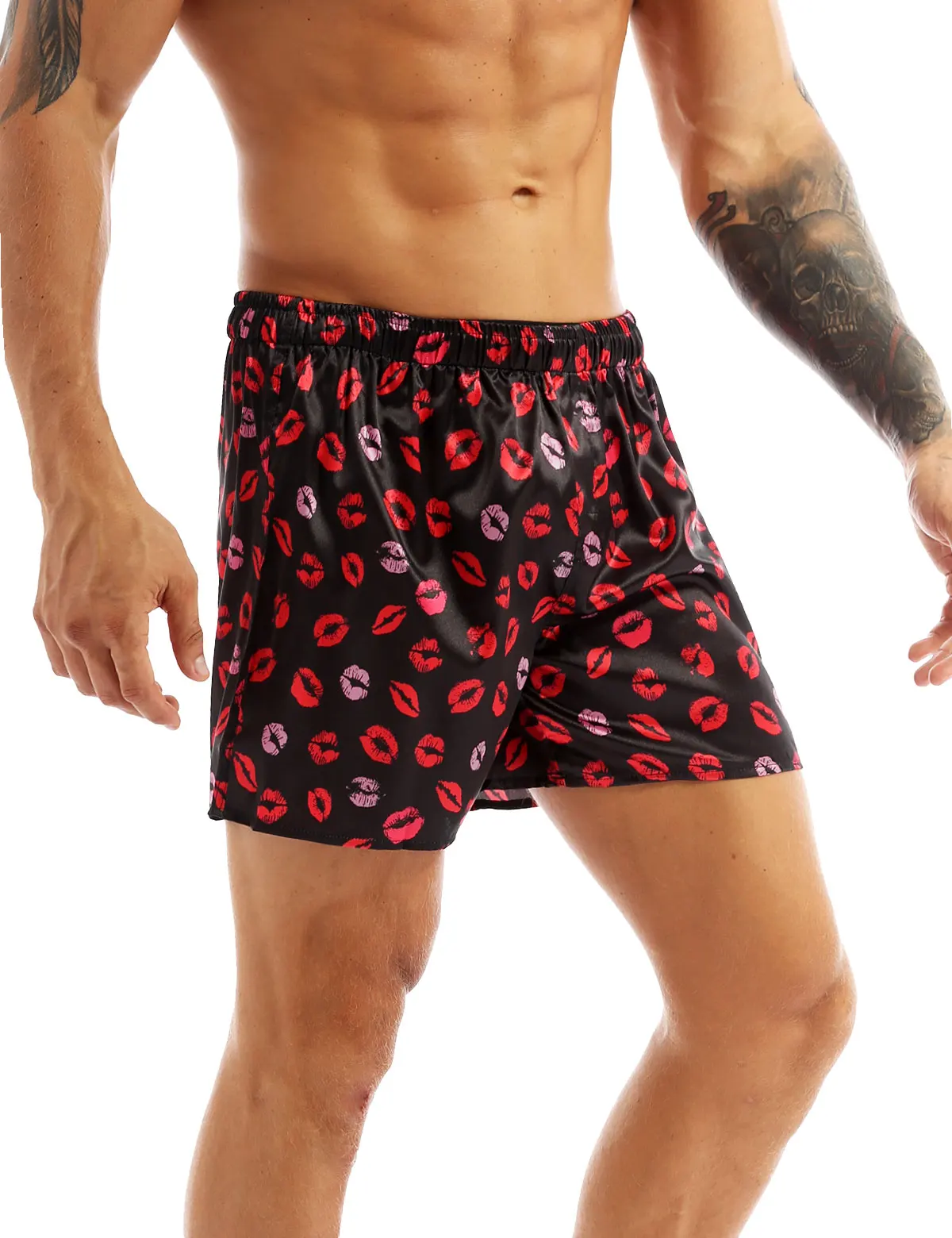 mens silk pajamas Fashion Men Silk Satin Lip Love Heart Print Boxer Shorts Summer Loose Lounge Sports Shorts Pajamas mens pjs