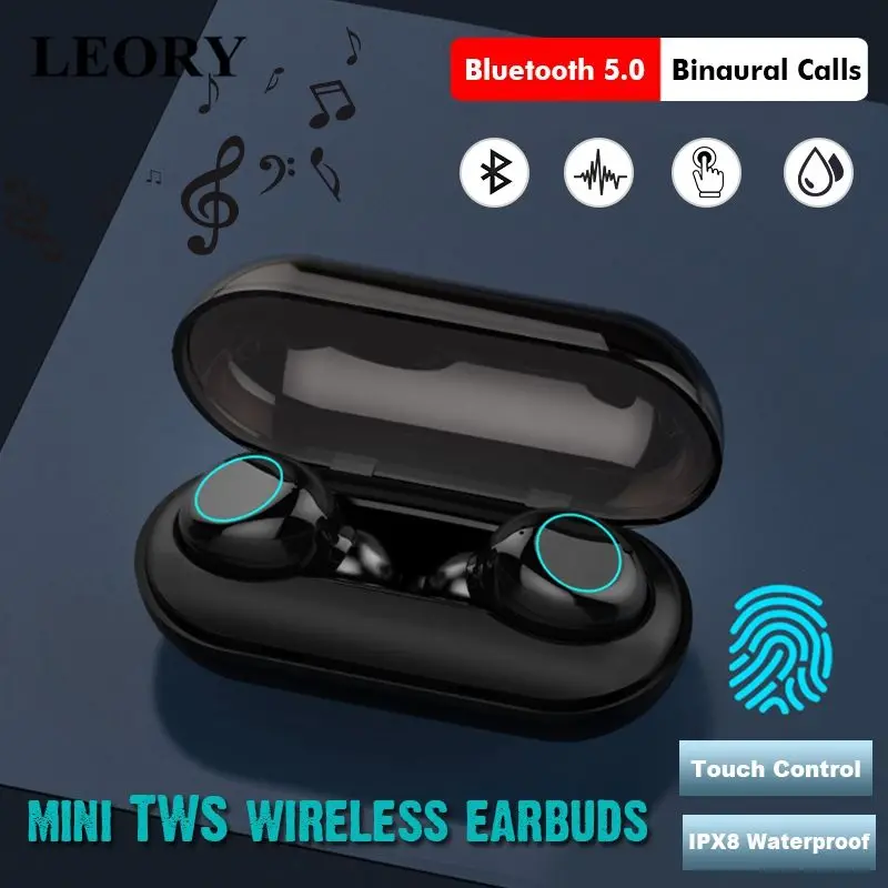 

LEORY TWS Wireless bluetooth 5.0 Earphone IPX8 Waterproof Swimming Sport Earbuds Touch Control Noise Cancelling Headset with Mic