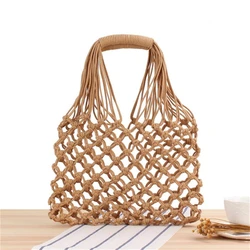 New Handwork Woven Straw Beach Bag for Women Summer Casual Hollow-out Shopping Travel Bag Cotton Rope Net Soft Handbag IL00588