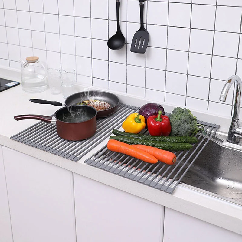 

Silicone Non-slip Foldable Kitchen Dish Drainer Rack Washing Sink Plate Dish Storage Rack Water Drying Drainer Cutlery Organizer