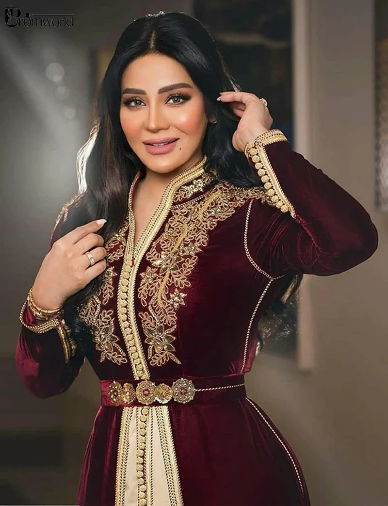 Марокканское официальное платье трапеция Caftans бордового цвета с длинным рукавом