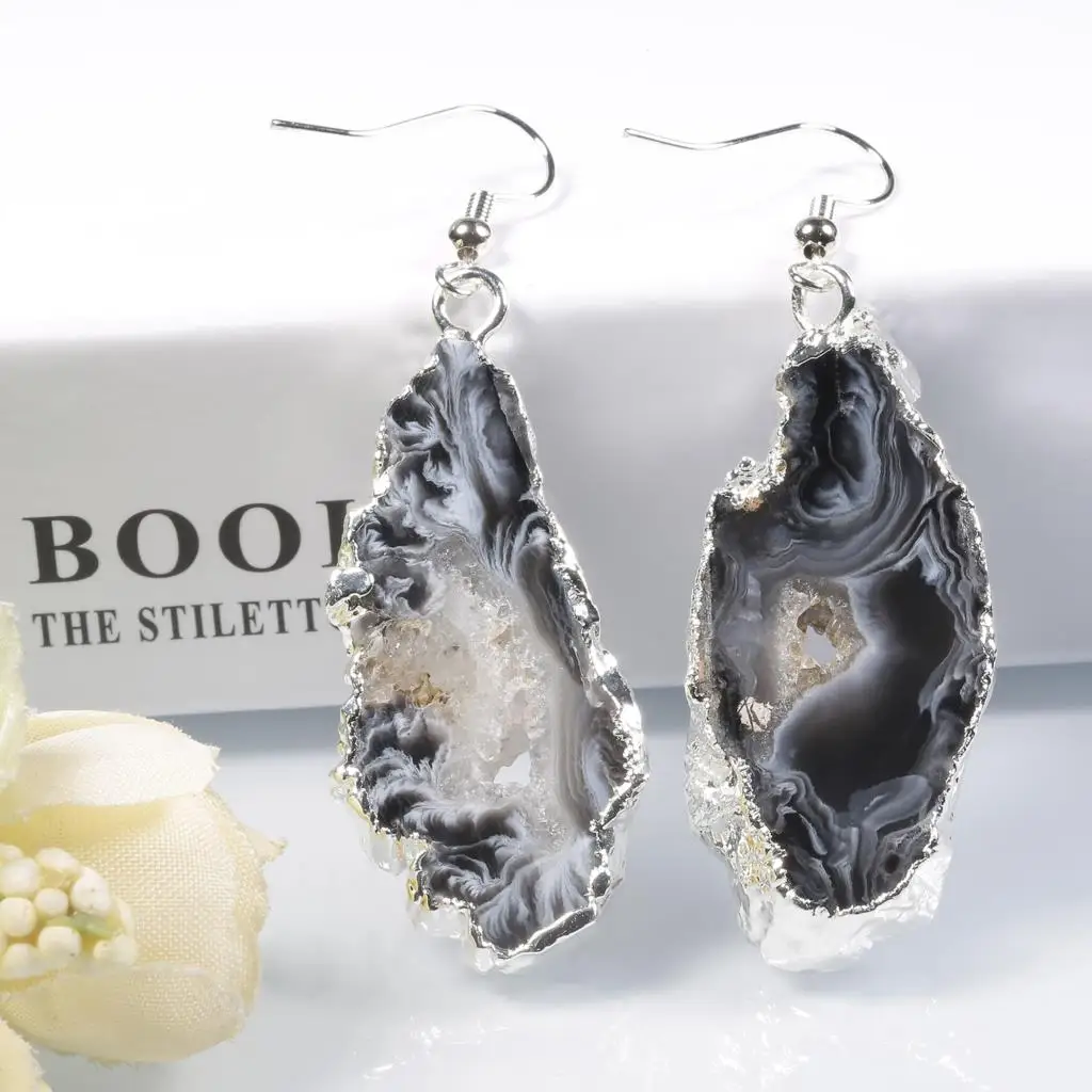 Natural Agate Stone Drop Earrings for Women, Druzy Agate Geode Crystal Quartz Dangle Hook Earrings for Girls