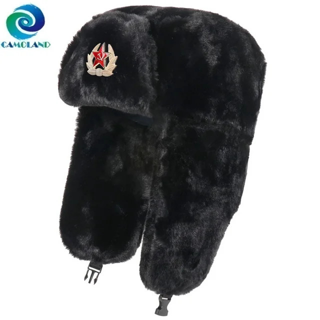 CAMOLAND Women Winter Hats Warm Faux Fur Bomber Hat For Men Soviet Army Military Badge Caps Male Thermal Earflap Cap Russia Hat 1