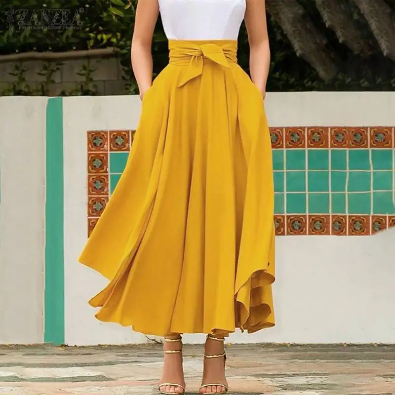 

ZANZEA Summer Skirts Women Elegant Solid A-line Skirts Bohemian Beach Skirt Jupe Female Bow Tie Maxi Long Skirt Faldas Saia