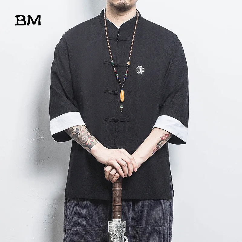 Chinese Style Shirt Ancient Style Wu Dang Clan Cotton Linen Buckle Short Sleeves Men Solid Color Tang Suit Summer Clothing